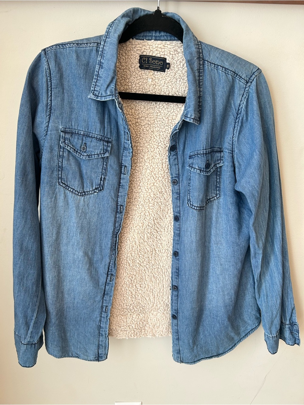 Ci Sono Sherpa Lined Denim Shirt Jacket Light Wash Y2K Cozy M Shacket